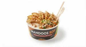 Mandoo Bop with deep-fried potstickers, rice and noodles