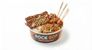 Rock Bop bowl with zingy fried chicken, rice and noodles