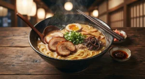Bowl of hot ramen with noodles and vegetables