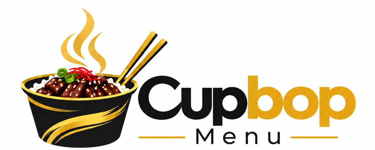 Premium Cupbop Menu logo featuring a Korean BBQ cup bowl with chopsticks and steam in black and gold colors