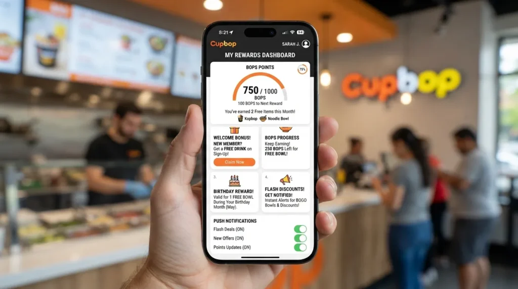 Smartphone displaying the official Cupbop app interface, highlighting digital rewards, Bop points collection, and exclusive sign-up perks.