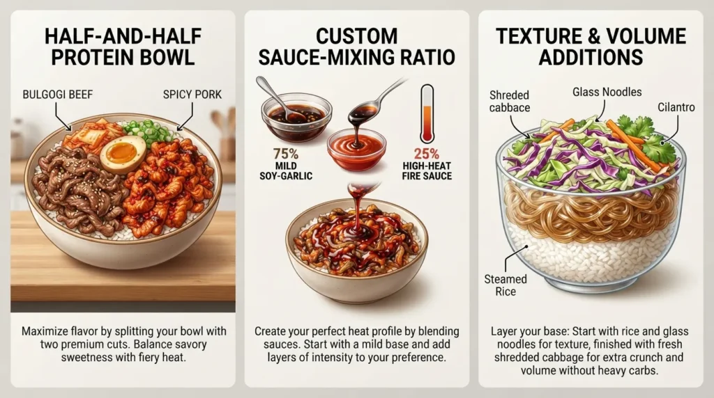 Visual layout displaying Cupbop secret menu options, including a double protein mix bowl, custom sauce-mixing ratios, and fresh cabbage toppings.